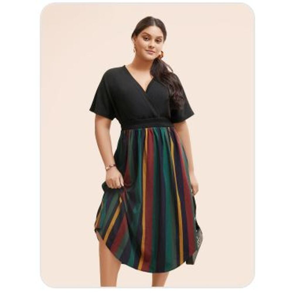NWT BloomChic Women Striped Overlap Collar Shirred Midi Dress Plus Size: 14/16